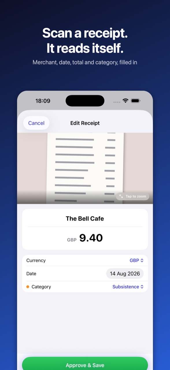 Scan a receipt, it reads itself: a scanned receipt with the merchant, total, date and category filled in, ready to approve